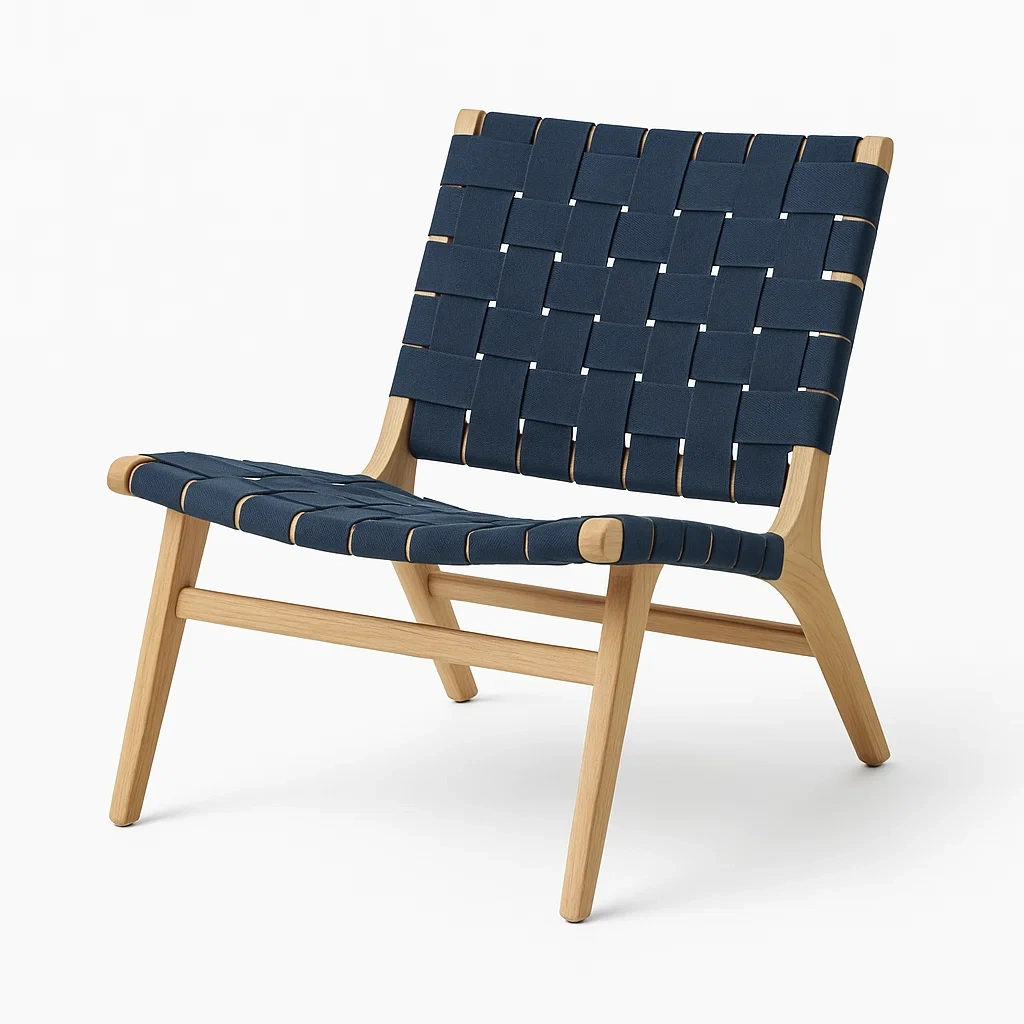 Sillón de madera de roble con asiento de cinta de poliéster en color azul