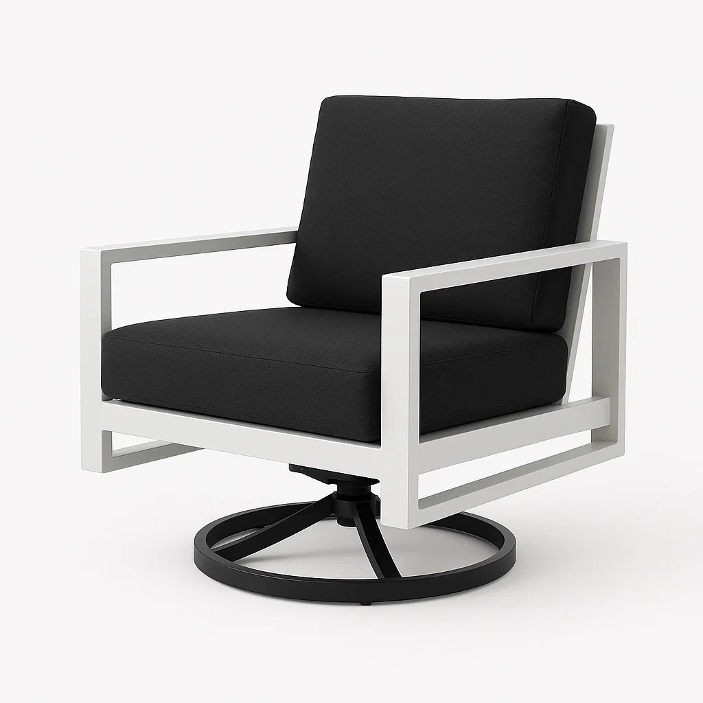 Sillón giratorio de aluminio con estructura en color blanco, base negra y cojín negro