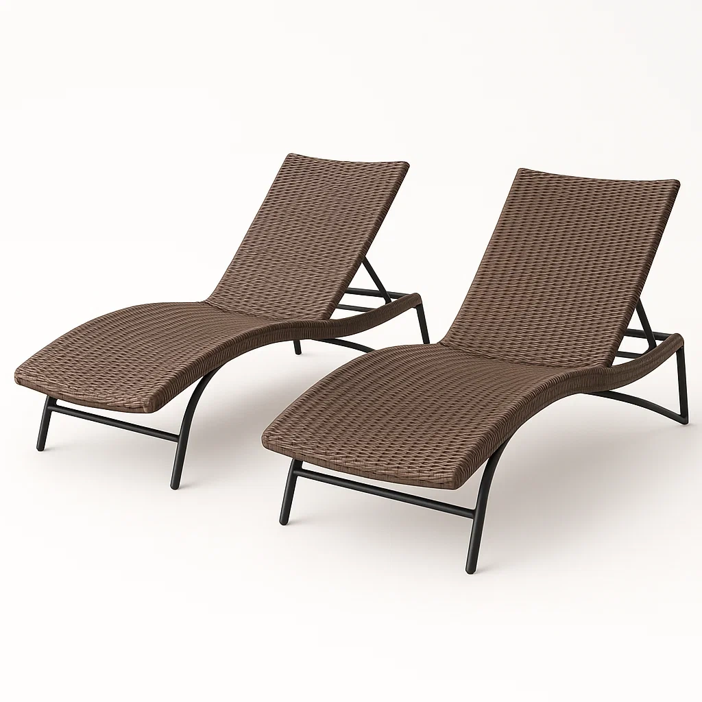 Tumbona de ratán con estructura de metal, juego de 2, en color marrón