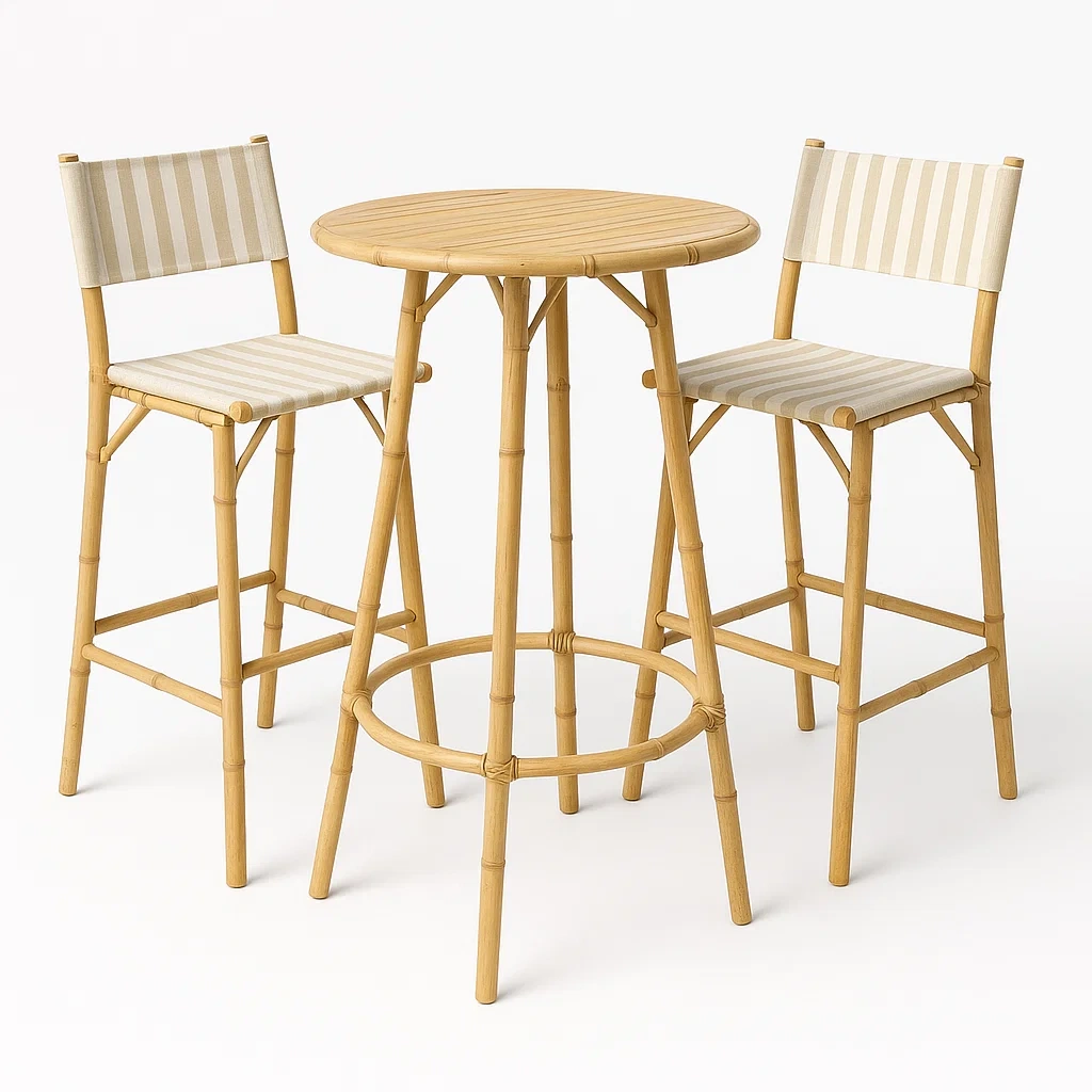 Conjuntos de bar con mesa alta redonda y sillas de bambú y tela en color beige