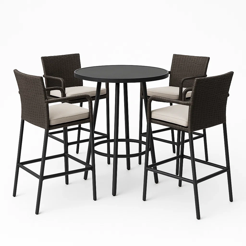 Conjuntos de bar con mesa alta y 4 sillas de ratán para exterior en negro/marrón