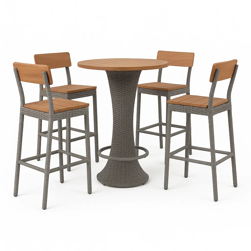 Conjuntos de bar de plástico tipo ratán y madera compuesta con sillas altas para exterior