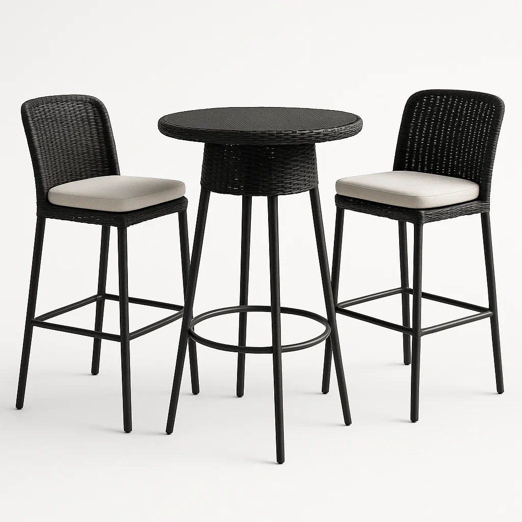 Conjuntos de bar de ratán sintético en color negro con sillas altas