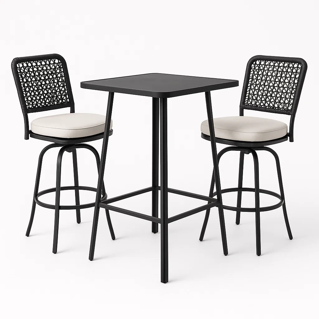 Conjuntos de bar de metal y mimbre sintético con sillas altas