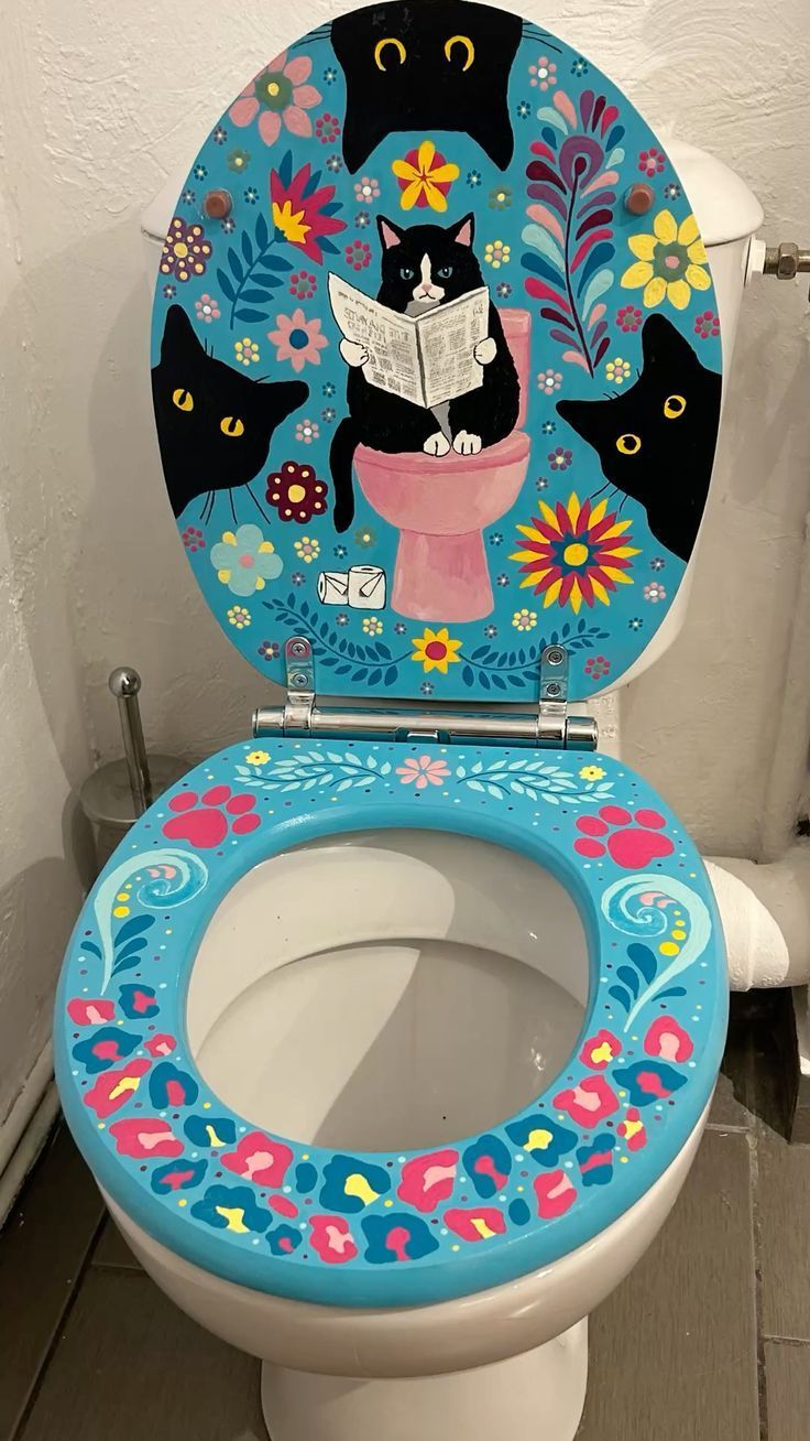 Whimsical Hand-Painted Cat Toilet Seat Decal Set