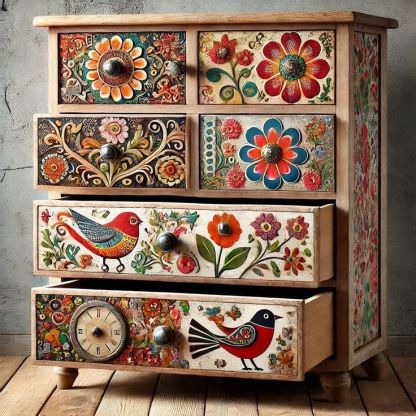 Modern Ethnic Abstract Colorful 4-Drawer Wood Dresser