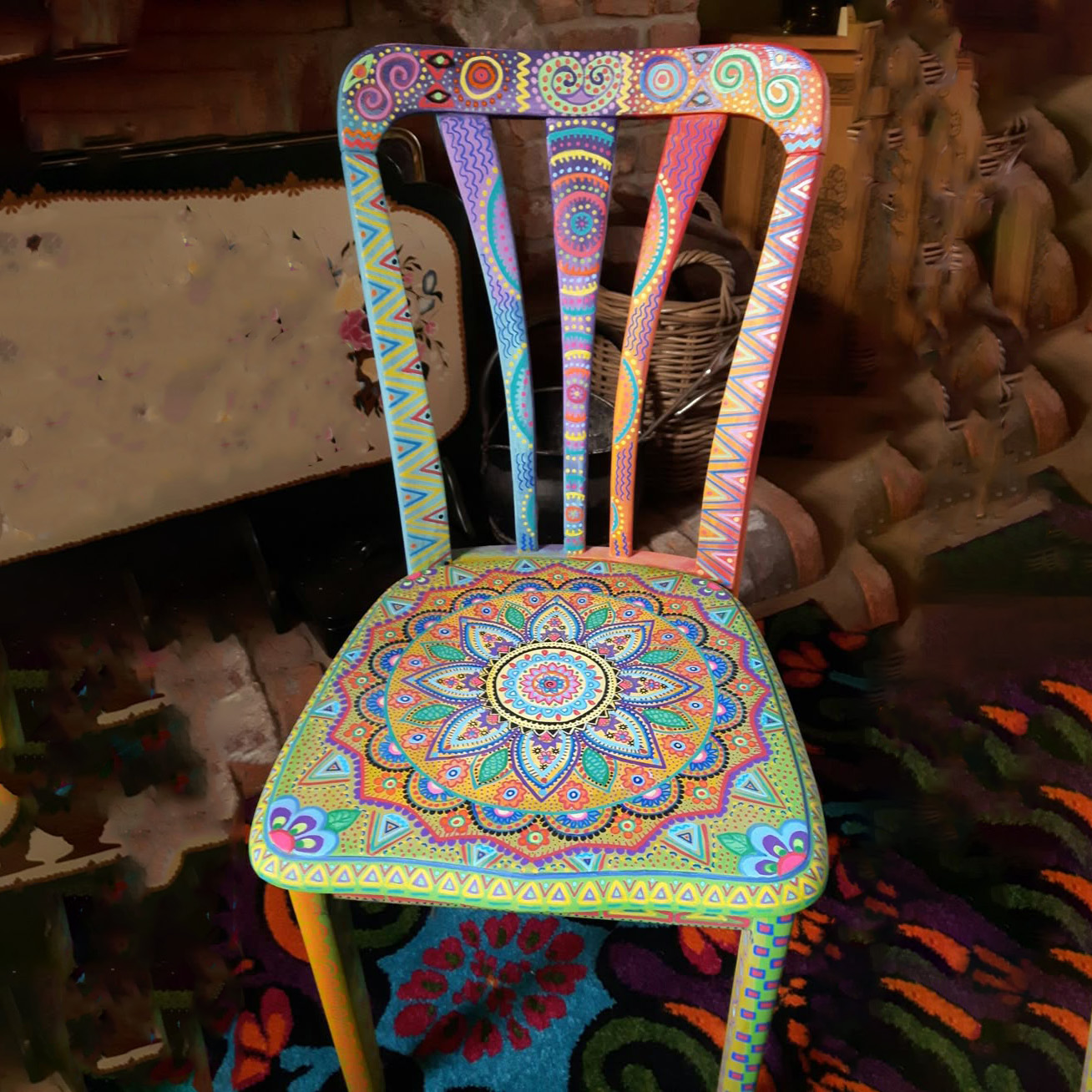 Hand-Painted Boho Mandala Wooden Accent Chair