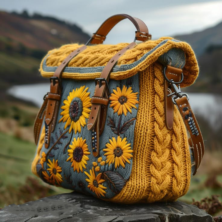 Bohemian hand-embroidered floral chunky knit vintage satchel backpack