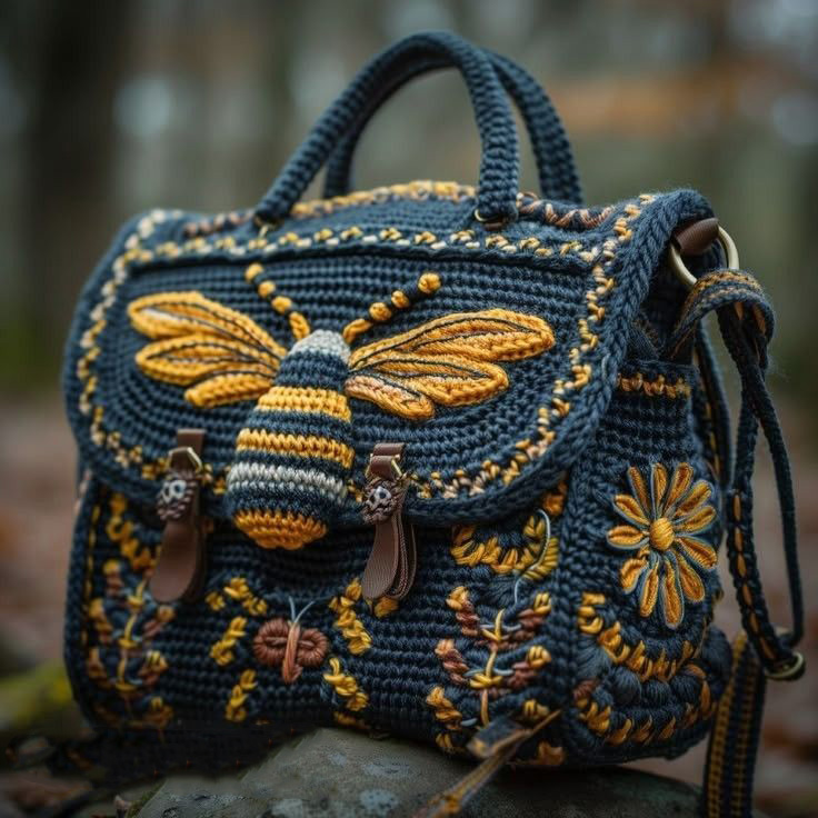 Vintage Cottagecore Hand-Embroidered Bee Floral Crochet Satchel Bag