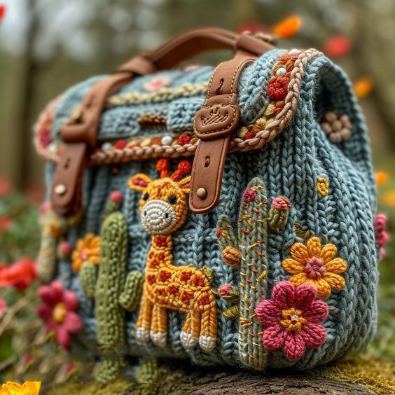 Whimsical 3D cartoon giraffe embroidered chunky knit handmade satchel bag