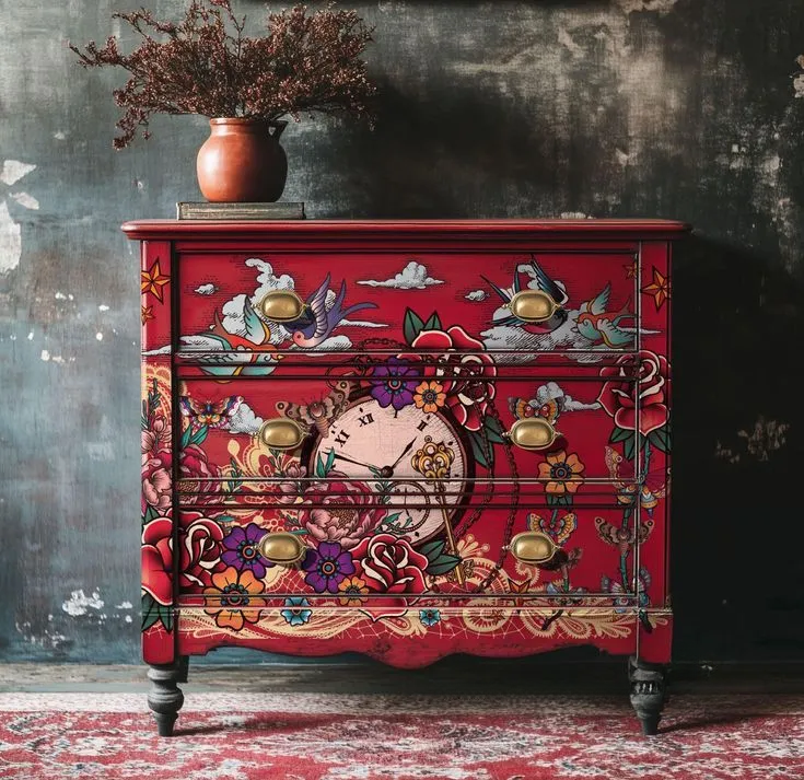 Vintage Tattoo Art Crimson Floral Antique Dream Locker
