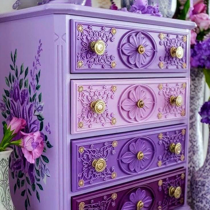 Victorian Elegant Lavender Ombre Floral Carved Wooden Storage Locker