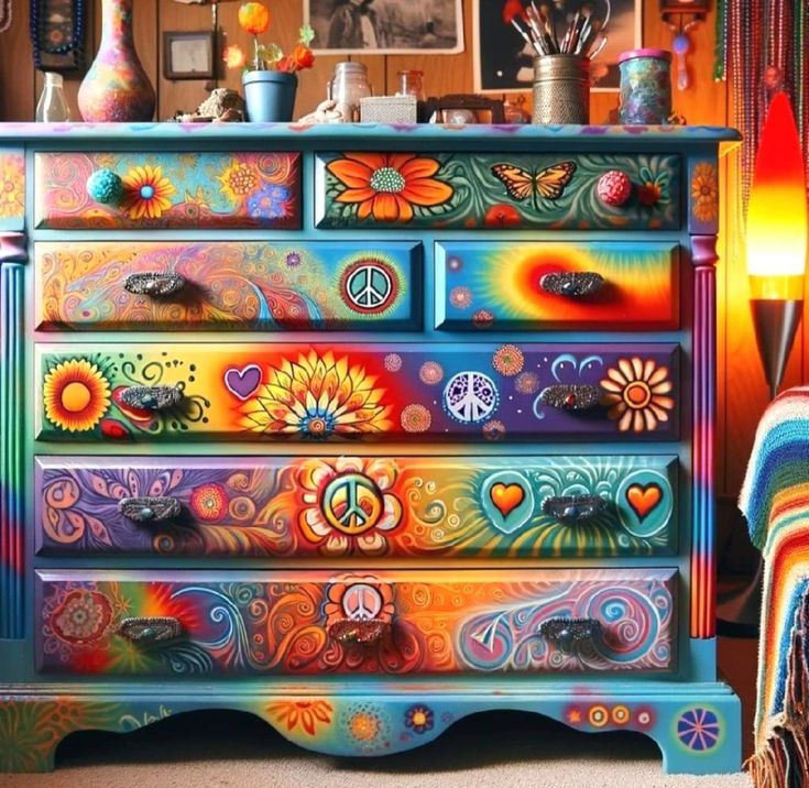 Bohemian Retro Psychedelic Hand-Painted 7-Drawer Bedroom Storage Locker