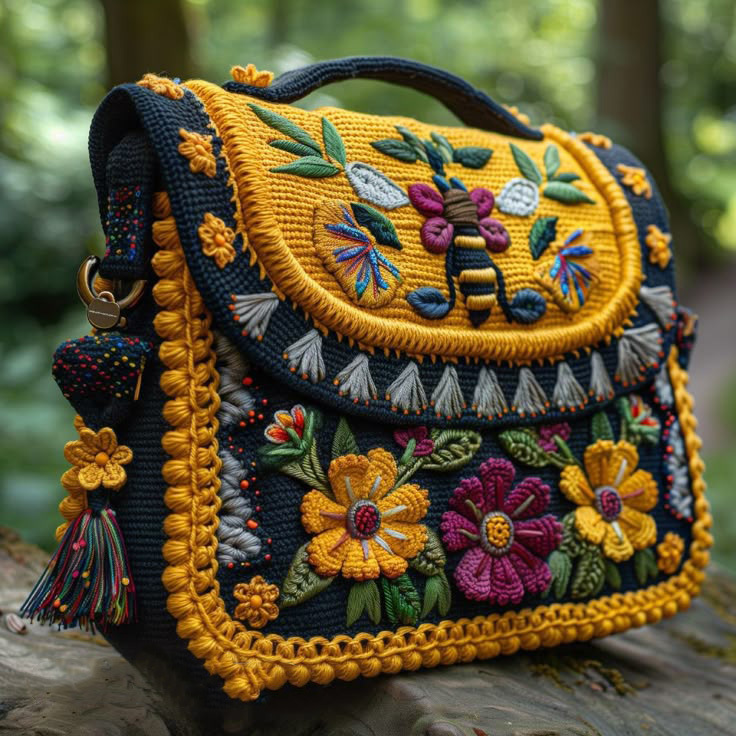 Bohemian hand-embroidered floral and honeybee crochet crossbody bag