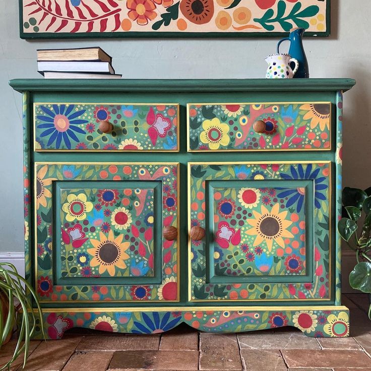 Folk Art Hand Painted Green Floral Storage Wooden Home Locker