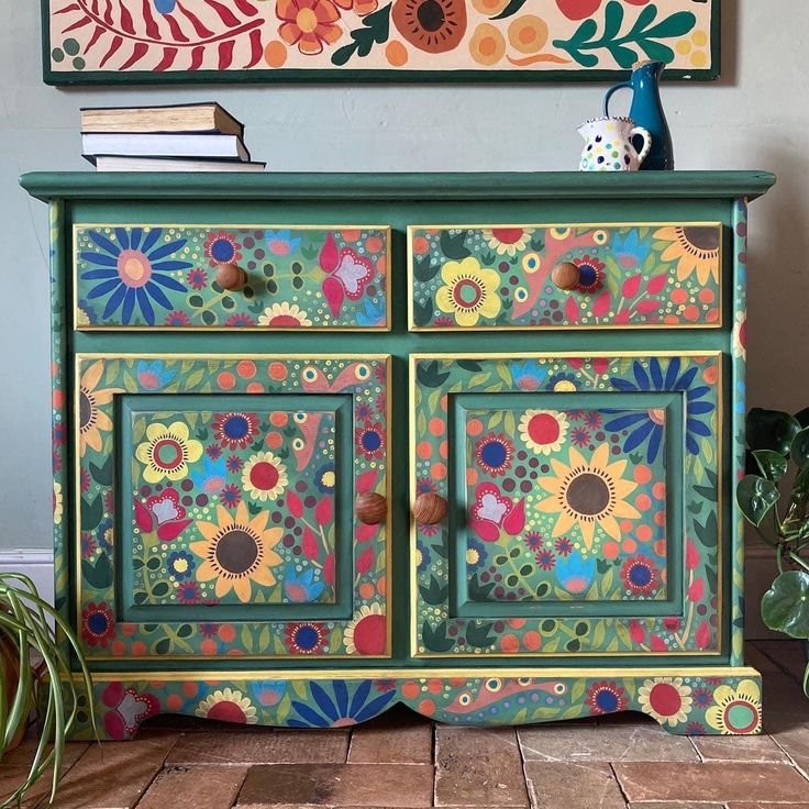 Folk Art Hand Painted Green Floral Storage Wooden Home Locker