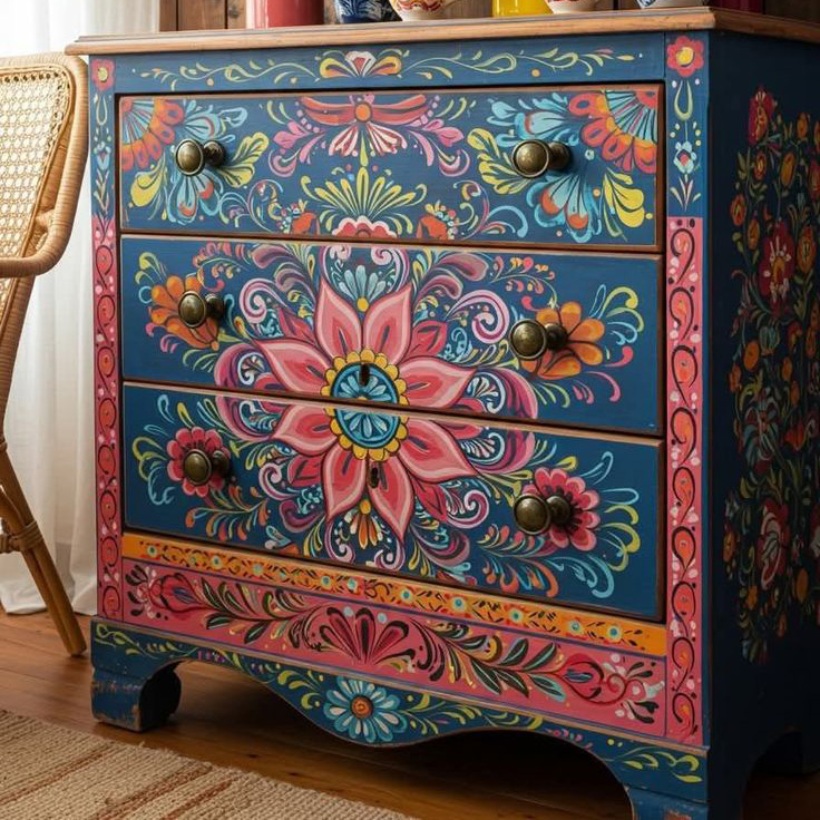 Bohemian Folk Art Hand Painted Floral Navy Blue Wooden Locker