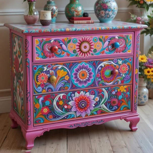 Bohemian Hand-Painted Floral Pink Wood Three Drawer Storage Locker