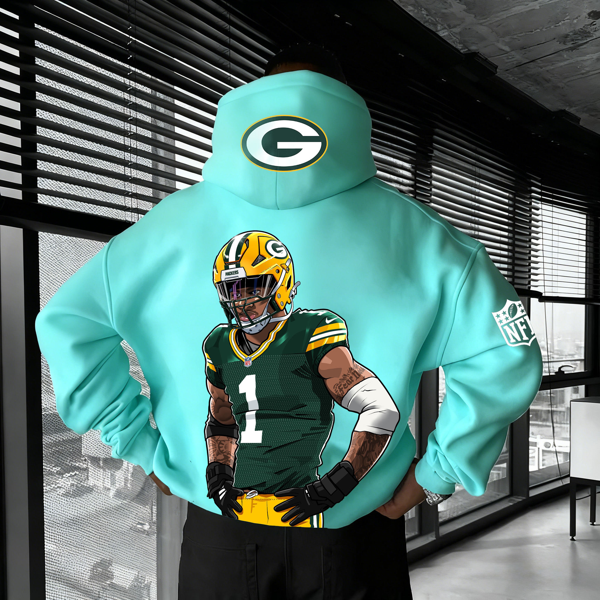 Cartoon Packers Wide Receiver Number One Mint Hoodie