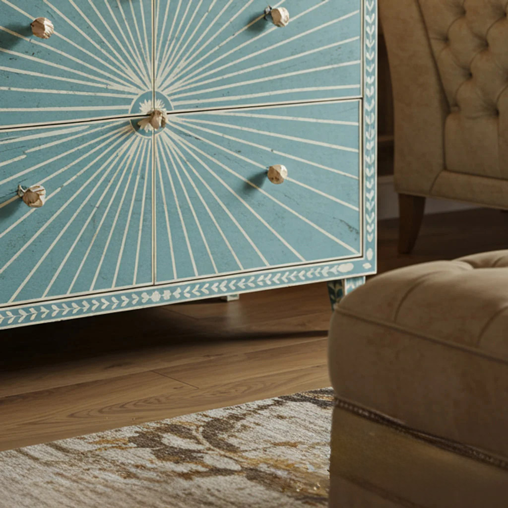 Sunburst Pattern Blue Dresser with Gold Accents | Luxury Handmade Dresser