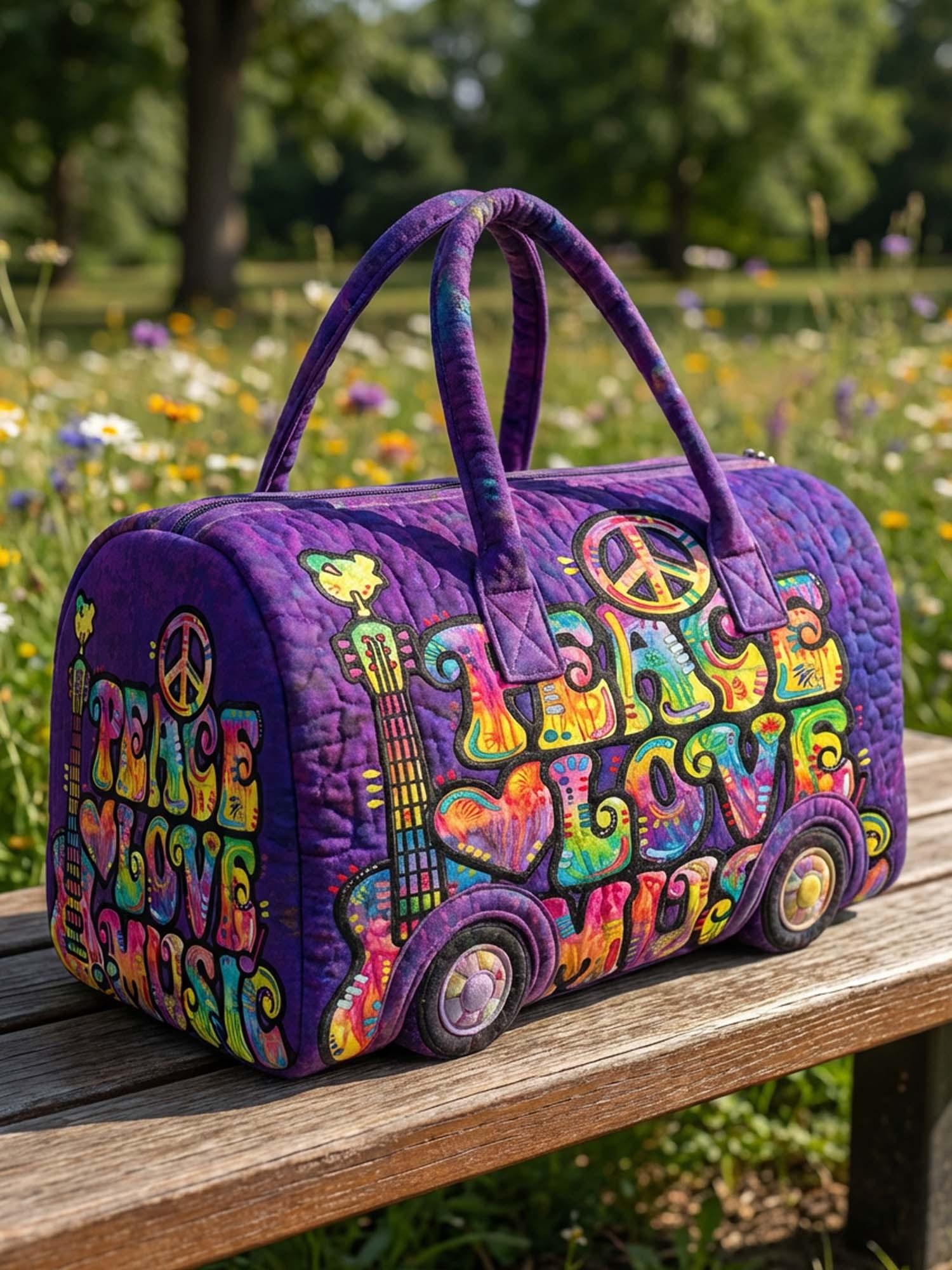 Hippie Music Peace Love Quilted Duffle Bag