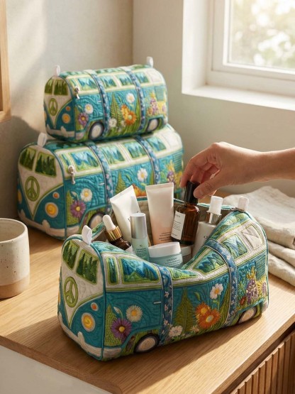 Hippie Van Cotton Quilted Cosmetic Bag