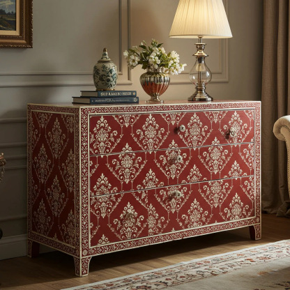 Vintage Red and White Patterned Wooden Chest of Drawers | Luxury Handmade Dresser