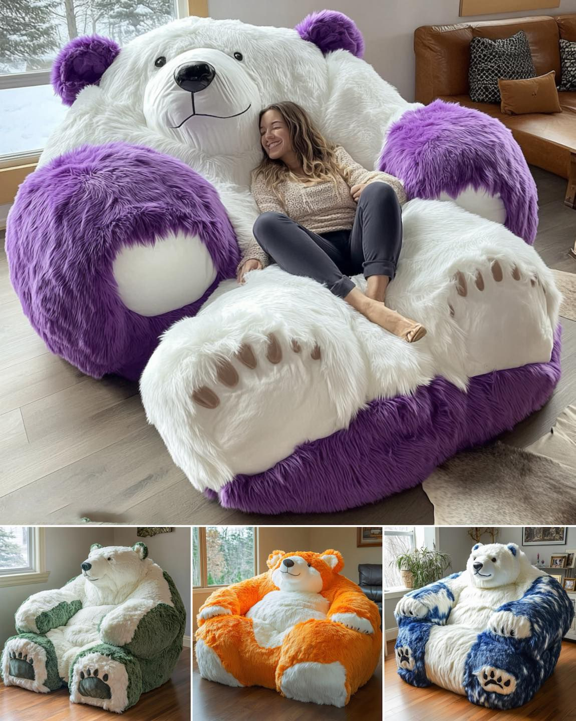 Giant Plush Teddy Bear Lounger Chair – Oversized Cozy Bean Bag Sofa with Paw Footrest (Multi-Color Options)