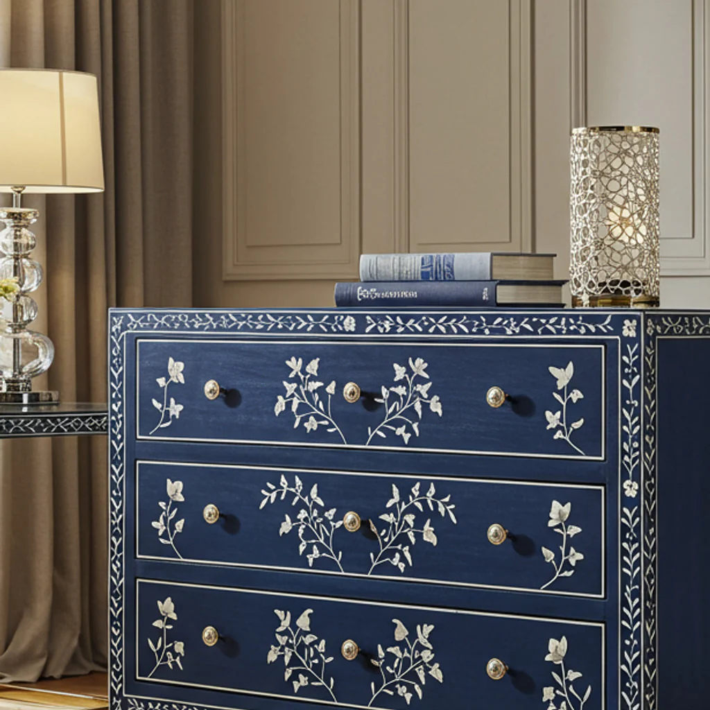 Navy Blue Floral Inlay Three-Drawer Dresser | Luxury Handmade Chest of Drawer