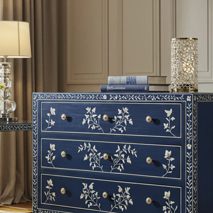Navy Blue Floral Inlay Three-Drawer Dresser | Luxury Handmade Chest of Drawer