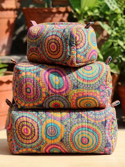 Hippie Flower Cotton Quilted Cosmetic Bag