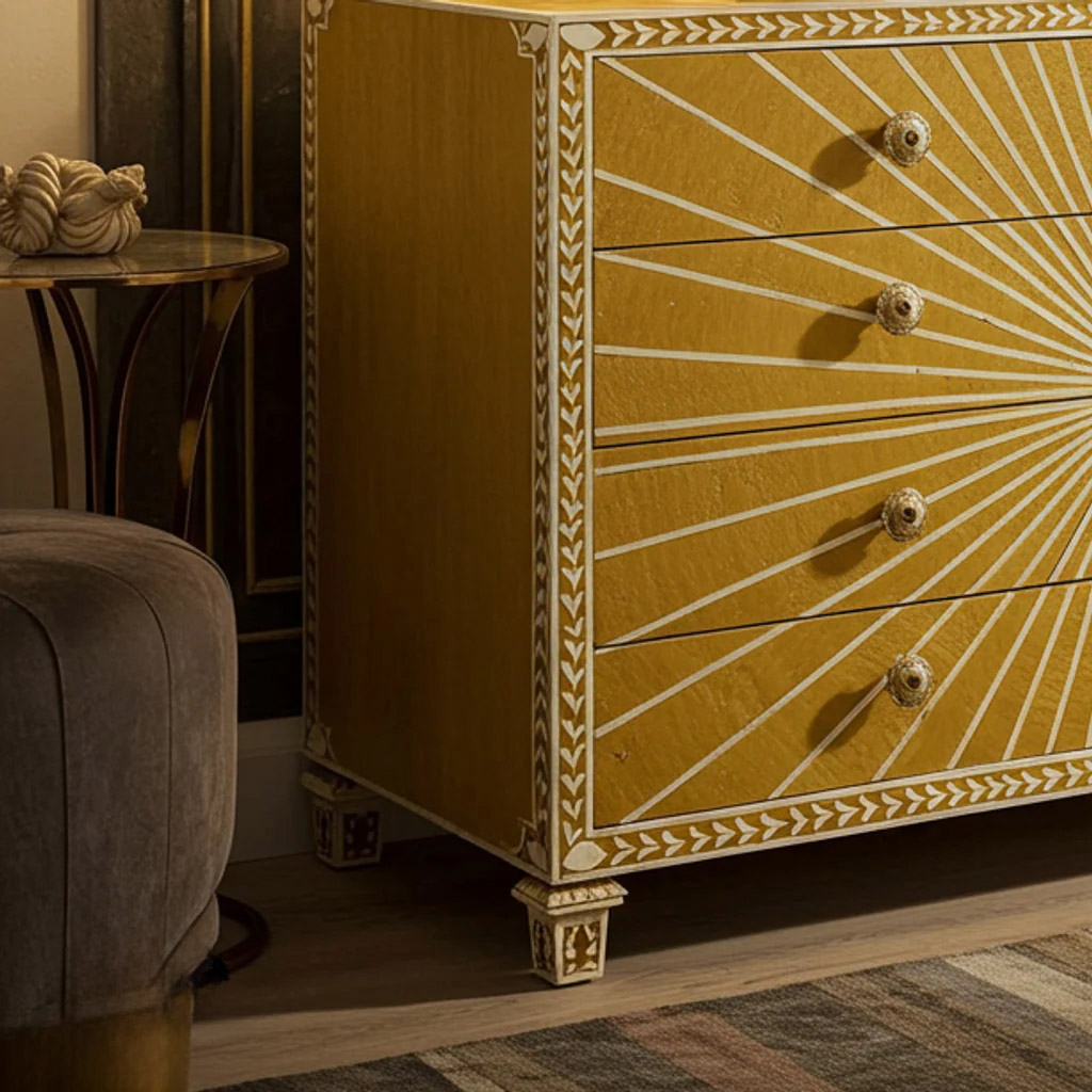 Vintage Yellow Sunburst Dresser Chest | Luxury Handmade Dresser