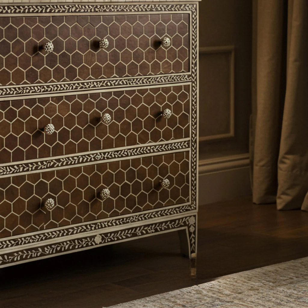Honeycomb Pattern Wooden Chest of Drawers with Lamp | Luxury Handmade Dresser