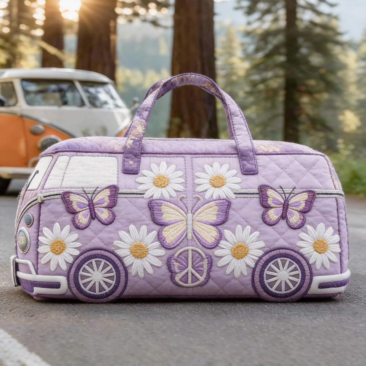 Lilac Daisy Field Butterfly & Peace Hippie Quilted Duffle Bag