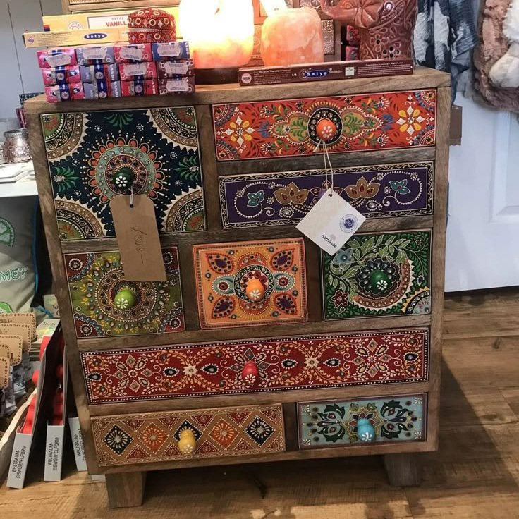 Bohemian Hand-Painted Floral Solid Wood Chest Sideboard Storage Locker