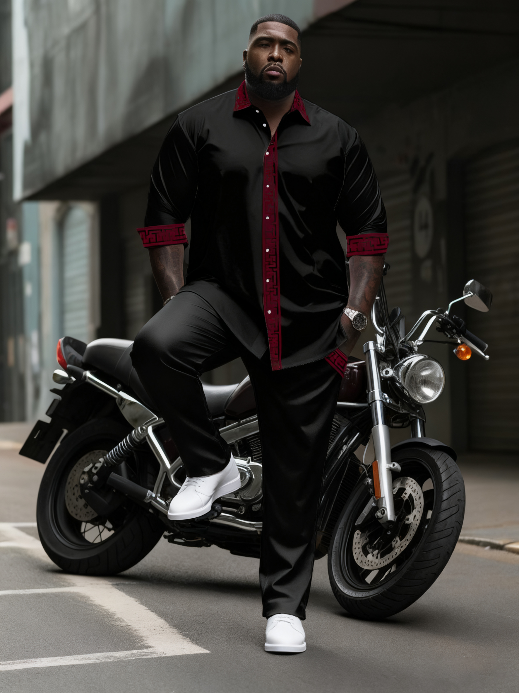 Men's Plus Size Simple Contrast Long Sleeve Lapel Shirt 2-Piece Set