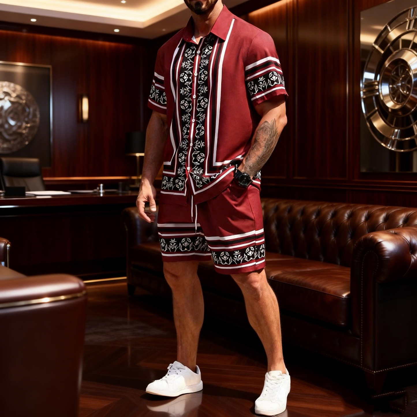 Men's Luxury Baroque Floral Shirt and Shorts Two-Piece Set