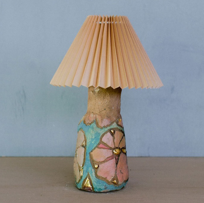 Whimsical Ceramic Floral Base Pleated Shade Bedside Lamp