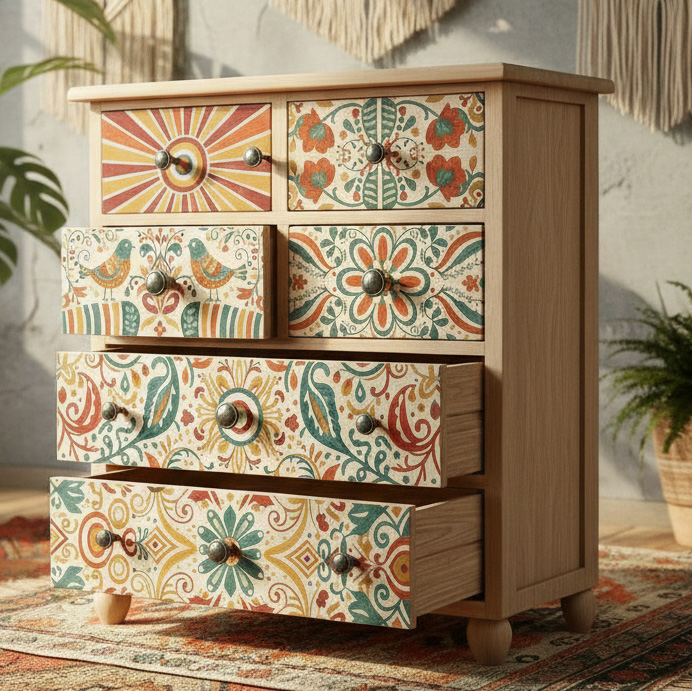 Bohemian Folk Art Style Hand Painted Wooden Storage Chest