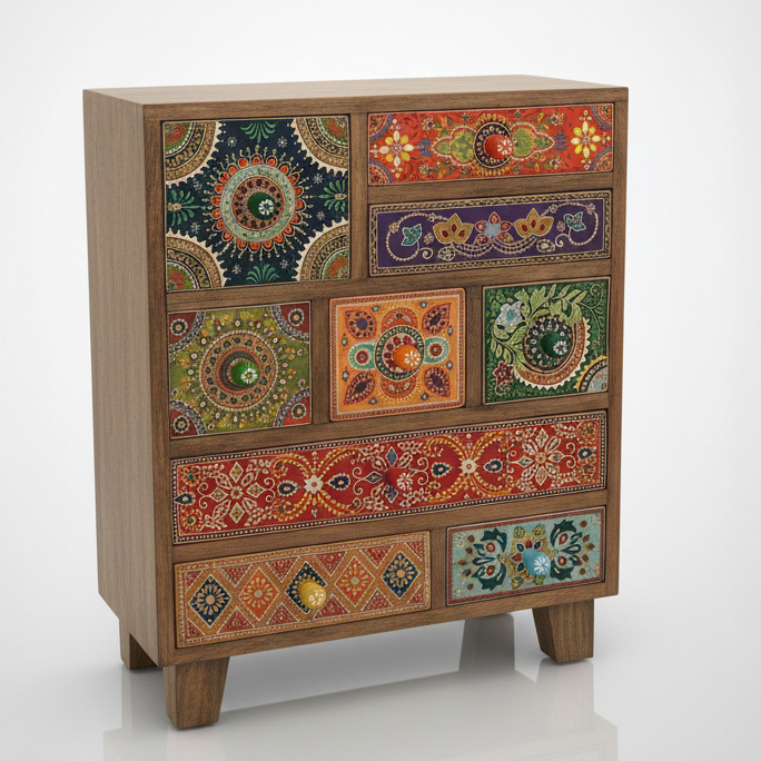 Bohemian Hand-Painted Floral Solid Wood Chest Sideboard Storage Locker