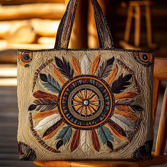 Ethnic Style Handcrafted Mandala Feather Embroidered Large Canvas Tote Bag