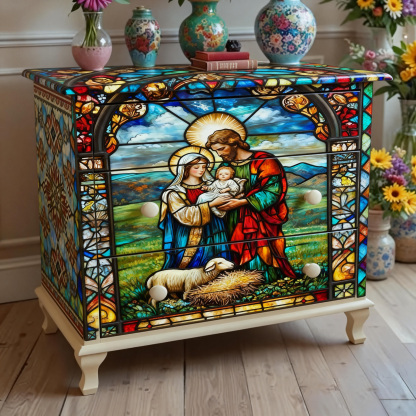 Cathedral Style Religious Nativity Scene Painted Wooden Home Locker