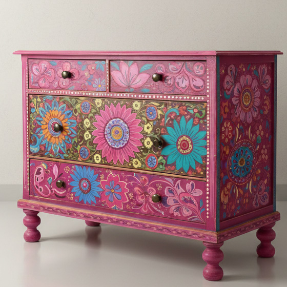 Bohemian Hand-Painted Floral Art Wood Storage Cabinet Locker