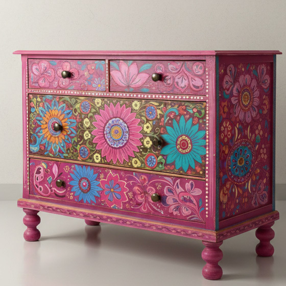 Bohemian Hand-Painted Floral Art Wood Storage Cabinet Locker
