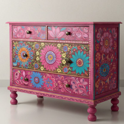 Bohemian Hand-Painted Floral Art Wood Storage Cabinet Locker