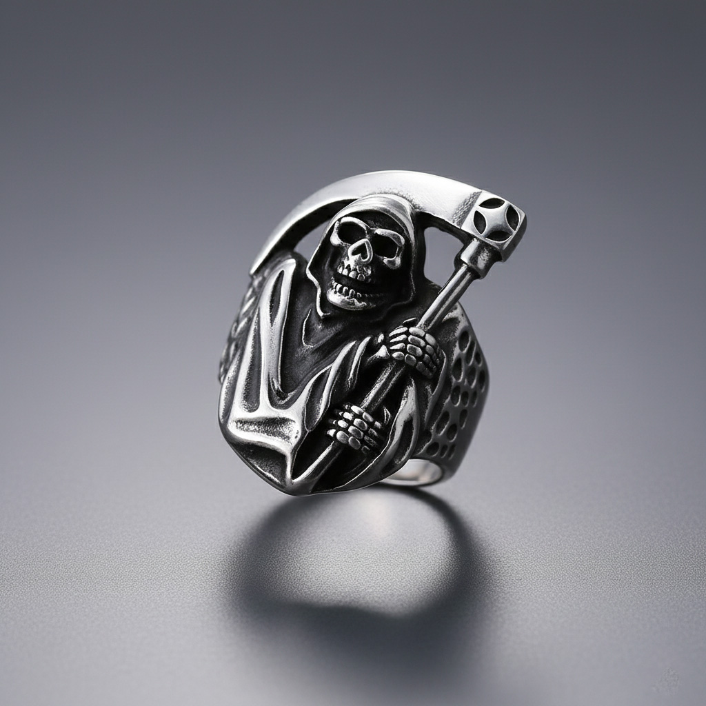 Biker Style Grim Reaper Skull Scythe Statement Ring