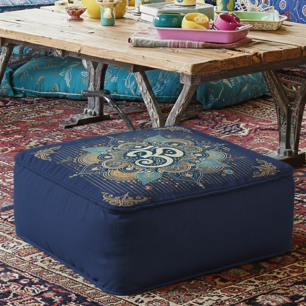 Zen Style Deep Blue Om Mandala Square Floor Ottoman