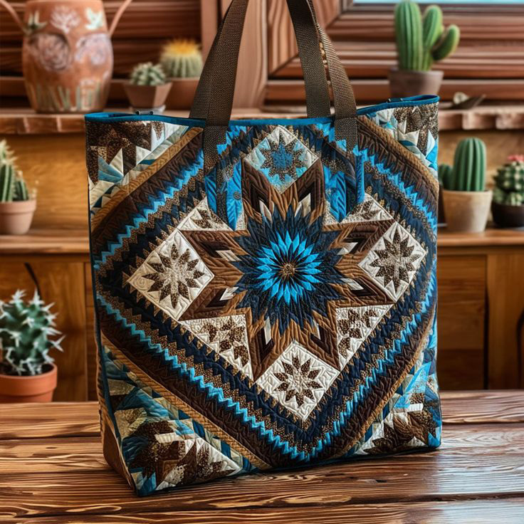 Bohemian Retro Geometric Mosaic Pattern Padded Fabric Shoulder Tote Bag