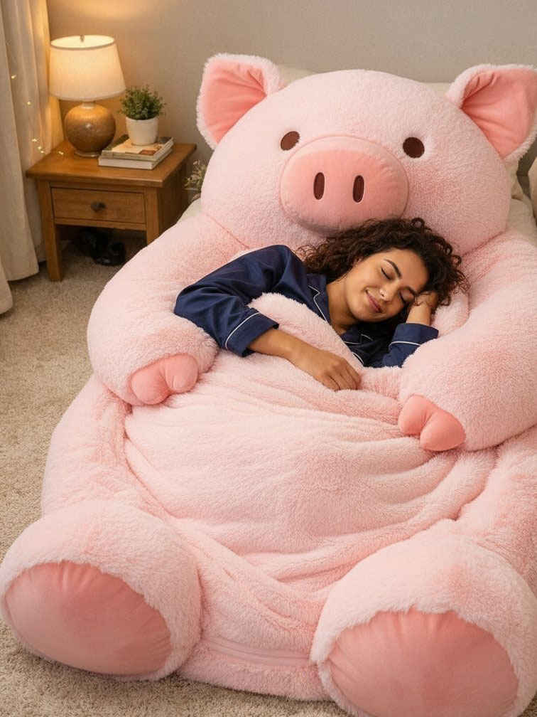 Playful Oversized Pig Character Warm Fleece Wearable Sleeping Bag