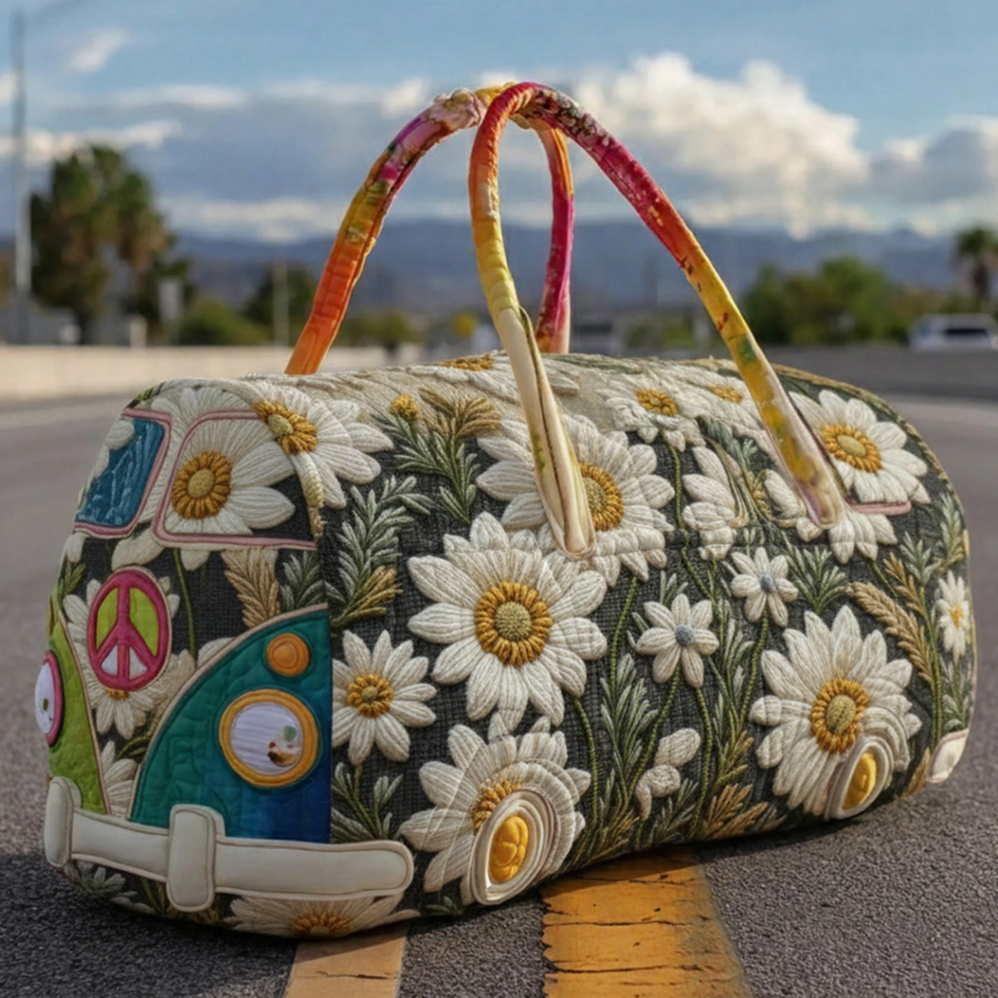 Daisy Meadow & Colorful Camper Quilted Duffle Bag